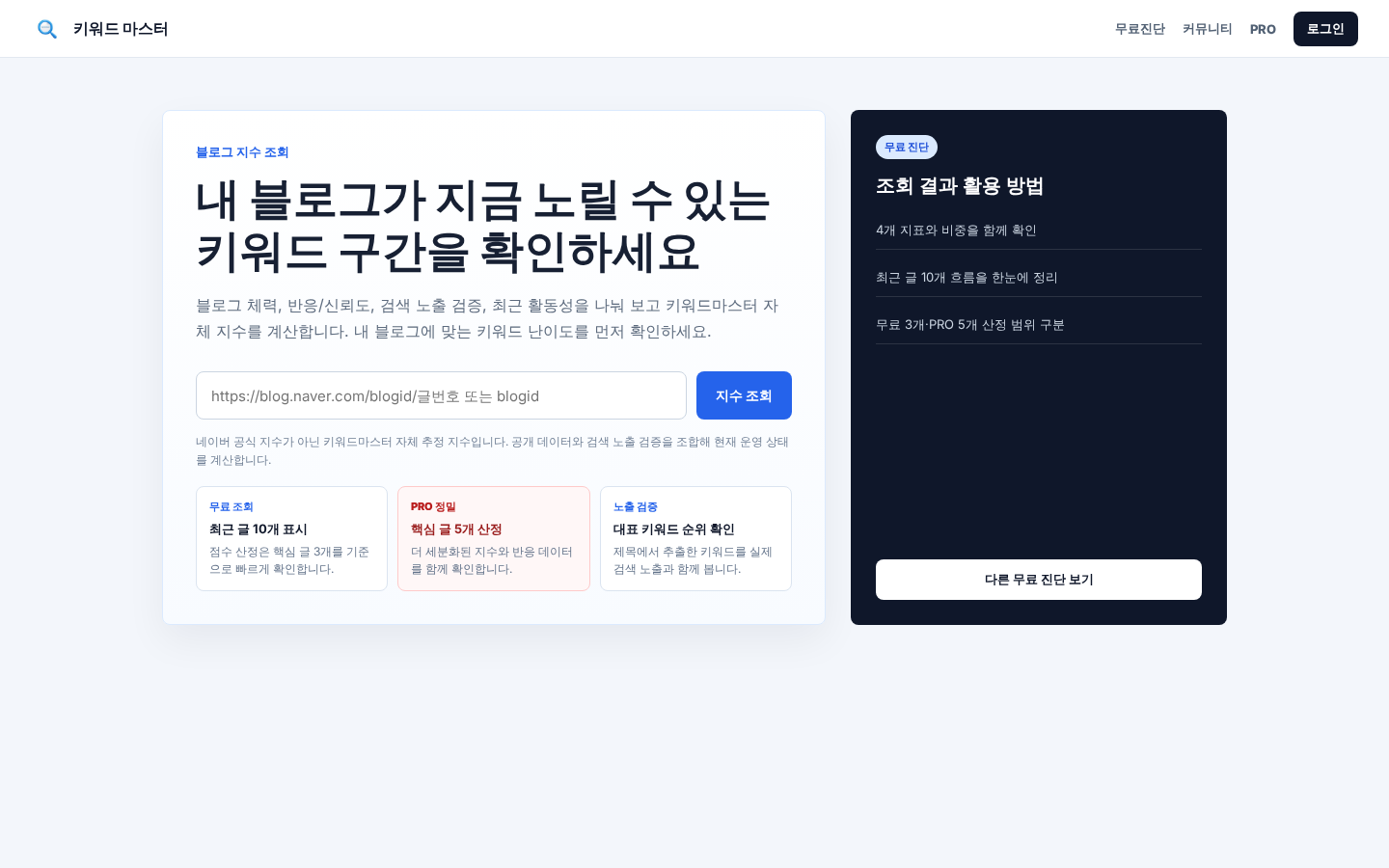 블로그 지수 조회 화면